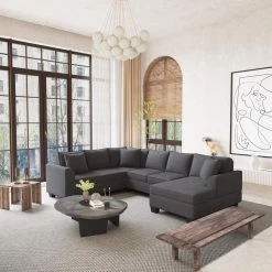 110 in. Square Arm 3-Piece Polyester U-Shaped Classic Sectional Sofa in Dark Gray with 3 Pillows by Z-joyee -Cheap Z-joyee Store dark gray z joyee sectional sofas p s202200273 31 1000