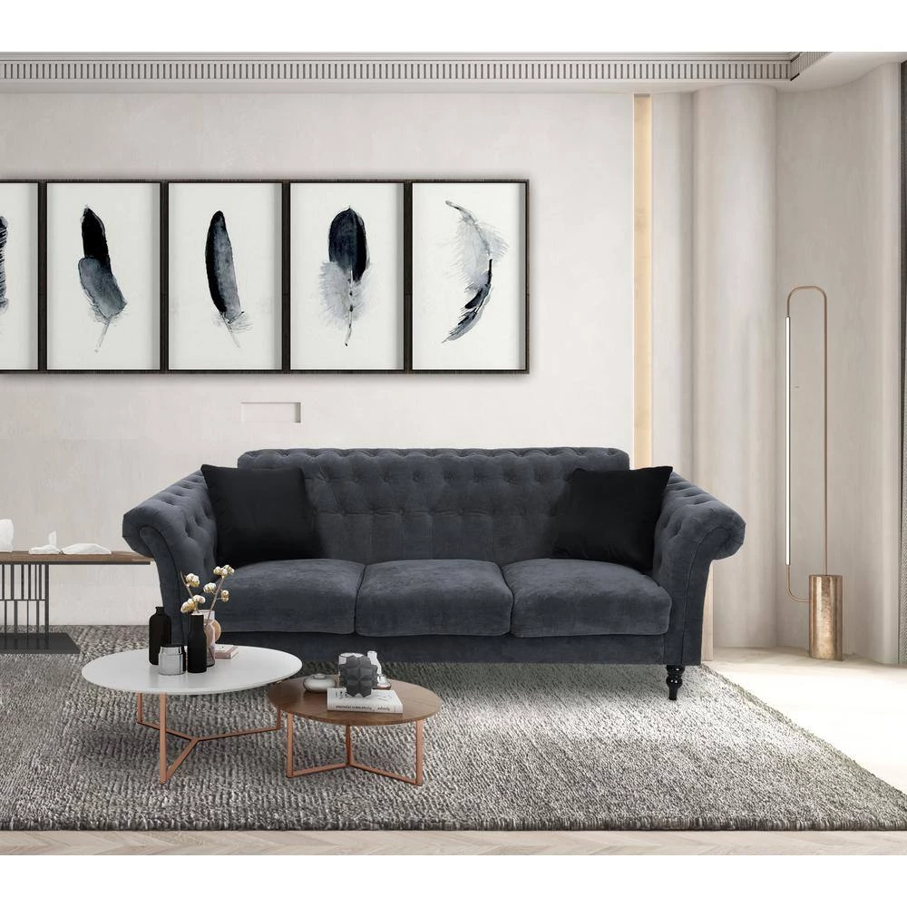 83.8 in. Rolled Arm Polyester Blend Modern Straight 3-Seats Sofa in Dark Gray with 2 Pillows by Z-joyee 7 83.8 in. Rolled Arm Polyester Blend Modern Straight 3-Seats Sofa in Dark Gray with 2 Pillows by Z-joyee - Image 7