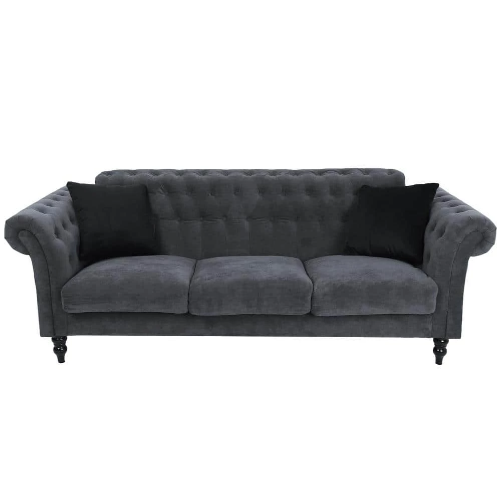 83.8 in. Rolled Arm Polyester Blend Modern Straight 3-Seats Sofa in Dark Gray with 2 Pillows by Z-joyee 1 83.8 in. Rolled Arm Polyester Blend Modern Straight 3-Seats Sofa in Dark Gray with 2 Pillows by Z-joyee