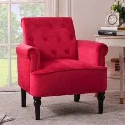 Dark Red Velvet Elegant Button Tufted Accent Arm Chairs Club Chair Roll Arm Living Room Cushion with Wooden Legs by Z-joyee -Cheap Z-joyee Store dark red z joyee accent chairs ljp w202200008 31 1000