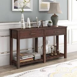 58 in. Espresso Standard Rectangle Wood Console Table with 2-Drawers and Slatted Shelf by Z-joyee -Cheap Z-joyee Store espresso z joyee console tables f fb857220580 76 1000