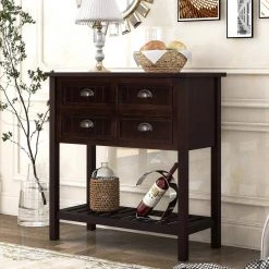 31.7 in. Espresso Standard Rectangle Wood Console Table with 4-Drawers and Bottom Shelf by Z-joyee -Cheap Z-joyee Store espresso z joyee console tables f fb857220863 76 1000
