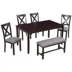 6-Piece Rectangular Espresso MDF Top Dining Room Set Seats 6 by Z-joyee