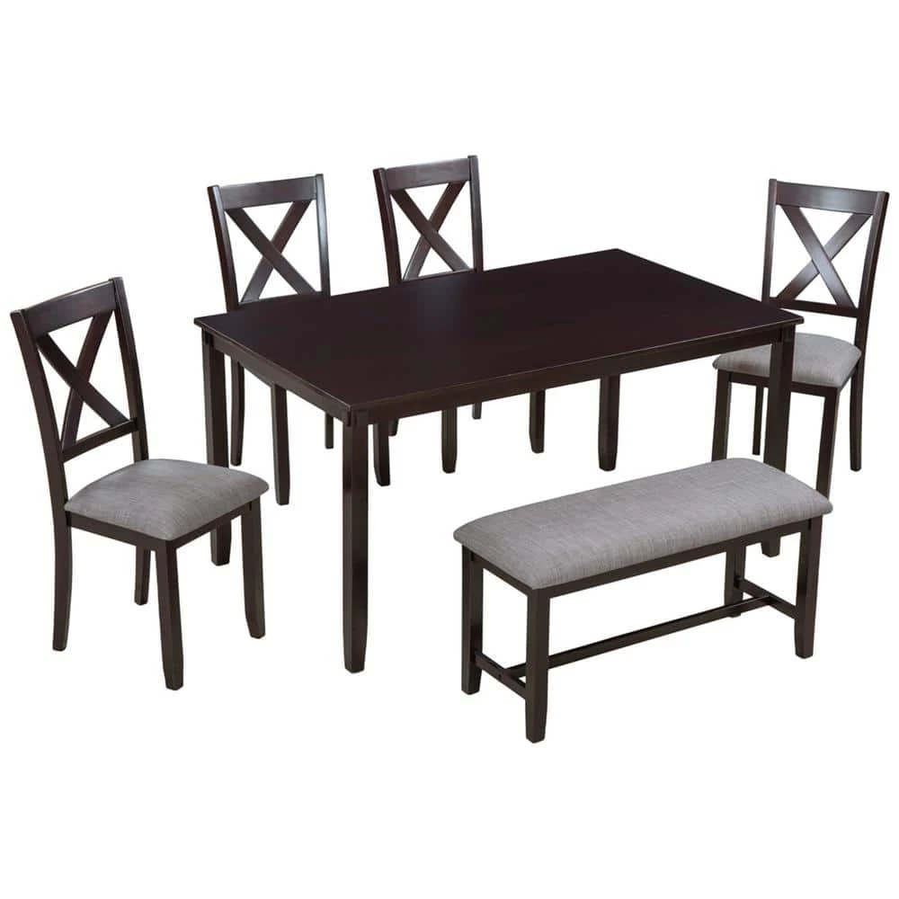 6-Piece Rectangular Espresso MDF Top Dining Room Set Seats 6 by Z-joyee 1 6-Piece Rectangular Espresso MDF Top Dining Room Set Seats 6 by Z-joyee
