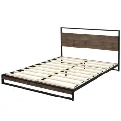 Espresso Queen Size Metal Platform Bed with Wood Slats by Z-joyee