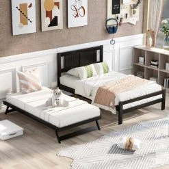 Espresso Full Size Wood Platform Bed with Adjustable Trundle by Z-joyee -Cheap Z-joyee Store espresso z joyee platform beds f fb857216705 31 1000