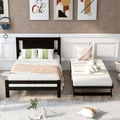 Espresso Full Size Wood Platform Bed with Adjustable Trundle by Z-joyee -Cheap Z-joyee Store espresso z joyee platform beds f fb857216705 4f 1000