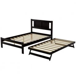 Espresso Full Size Wood Platform Bed with Adjustable Trundle by Z-joyee