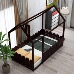 Wood Espresso Twin Size House Bed with Fence for Kids Teens by Z-joyee -Cheap Z-joyee Store espresso z joyee platform beds f fb857218082 1f 1000