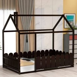 Wood Espresso Twin Size House Bed with Fence for Kids Teens by Z-joyee -Cheap Z-joyee Store espresso z joyee platform beds f fb857218082 31 1000