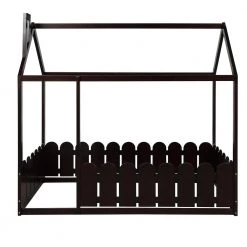 Wood Espresso Twin Size House Bed with Fence for Kids Teens by Z-joyee
