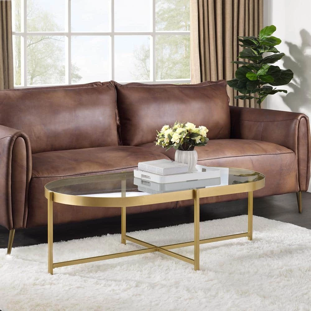 54 in. Gold Oval Glass Coffee Table by Z-joyee 4 54 in. Gold Oval Glass Coffee Table by Z-joyee - Image 4