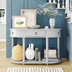 48 in. Gray Wash Half Moon Wood Console Table with Single Drawers and Storage Shelf by Z-joyee -Cheap Z-joyee Store gray wash z joyee console tables f fb857220603 31 1000
