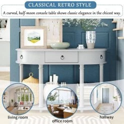 48 in. Gray Wash Half Moon Wood Console Table with Single Drawers and Storage Shelf by Z-joyee -Cheap Z-joyee Store gray wash z joyee console tables f fb857220603 4f 1000