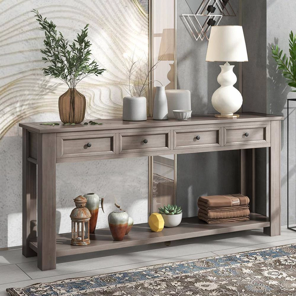 Rustic 63 in. Gray Wash Standard Rectangle Wood Console Table with 4 Drawers by Z-joyee 11 Rustic 63 in. Gray Wash Standard Rectangle Wood Console Table with 4 Drawers by Z-joyee - Image 11