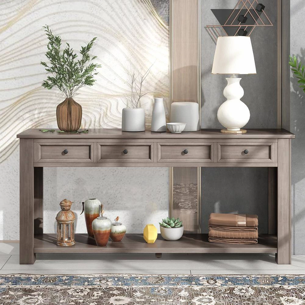 Rustic 63 in. Gray Wash Standard Rectangle Wood Console Table with 4 Drawers by Z-joyee 5 Rustic 63 in. Gray Wash Standard Rectangle Wood Console Table with 4 Drawers by Z-joyee - Image 5