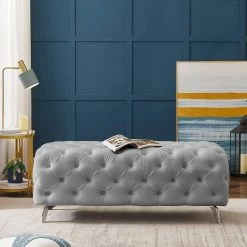 18.89 in. H x 51.18 in. W x 19.68 in. D Gray Button-Tufted Ottoman Bench Upholstered Velvet Footrest Stool Accent Bench by Z-joyee -Cheap Z-joyee Store gray z joyee bedroom benches p s202200335 31 1000