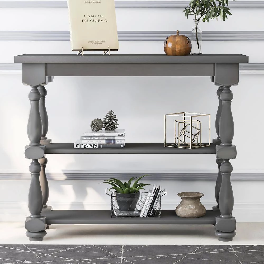 39.4 in. Gray Standard Rectangle Wood Console Table with 2-Shelves by Z-joyee 9 39.4 in. Gray Standard Rectangle Wood Console Table with 2-Shelves by Z-joyee - Image 9