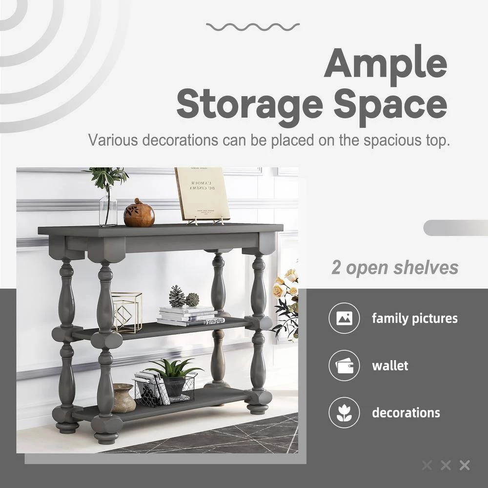 39.4 in. Gray Standard Rectangle Wood Console Table with 2-Shelves by Z-joyee 8 39.4 in. Gray Standard Rectangle Wood Console Table with 2-Shelves by Z-joyee - Image 8