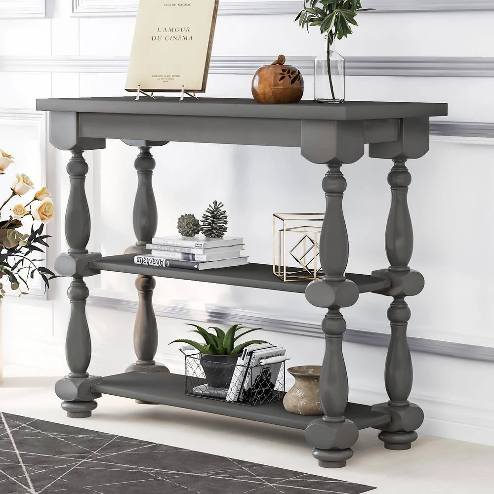39.4 in. Gray Standard Rectangle Wood Console Table with 2-Shelves by Z-joyee 3 39.4 in. Gray Standard Rectangle Wood Console Table with 2-Shelves by Z-joyee - Image 3