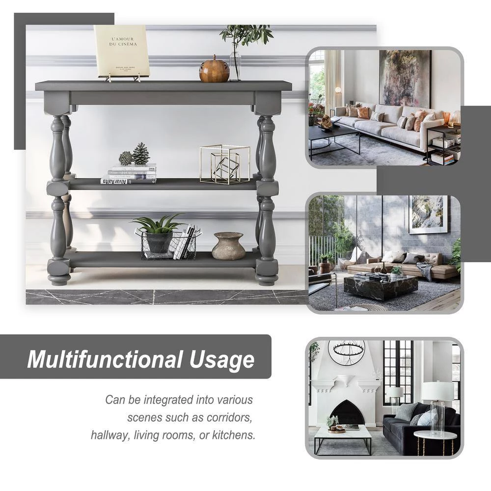 39.4 in. Gray Standard Rectangle Wood Console Table with 2-Shelves by Z-joyee 7 39.4 in. Gray Standard Rectangle Wood Console Table with 2-Shelves by Z-joyee - Image 7