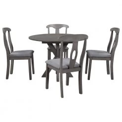 5-Piece Round Gray Wood Top Dining Room Set Seats 4 by Z-joyee