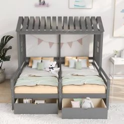 Gray Twin Size House Platform Beds with 2 Drawers by Z-joyee -Cheap Z-joyee Store gray z joyee kids beds ly0927ae 31 1000
