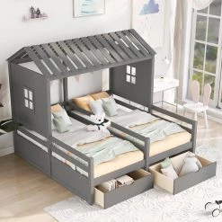 Gray Twin Size House Platform Beds with 2 Drawers by Z-joyee -Cheap Z-joyee Store gray z joyee kids beds ly0927ae c3 1000