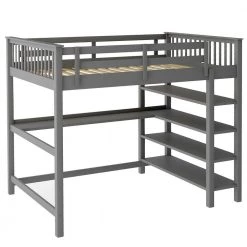 Gray Wooden Full Size Loft Bed with Storage Shelves and Under-bed Desk by Z-joyee