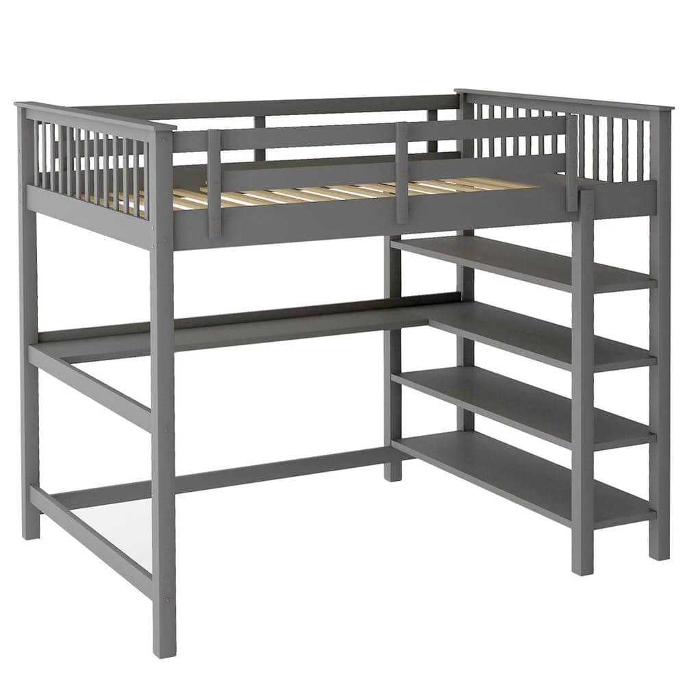 Gray Wooden Full Size Loft Bed with Storage Shelves and Under-bed Desk by Z-joyee 1 Gray Wooden Full Size Loft Bed with Storage Shelves and Under-bed Desk by Z-joyee