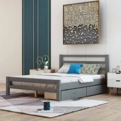 Gray Full Wood Platform Bed with 2-Drawers by Z-joyee -Cheap Z-joyee Store gray z joyee platform beds f fb857216002 31 1000