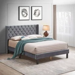 Upholstered Gray Queen Size Platform Bed with Wood Slat Support by Z-joyee -Cheap Z-joyee Store gray z joyee platform beds f fb857216552 31 1000
