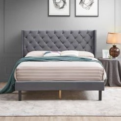 Upholstered Gray Queen Size Platform Bed with Wood Slat Support by Z-joyee -Cheap Z-joyee Store gray z joyee platform beds f fb857216552 c3 1000
