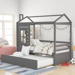 Wood Gray Twin Size House Bed with Trundle by Z-joyee -Cheap Z-joyee Store gray z joyee platform beds f fb857217047 31 1000