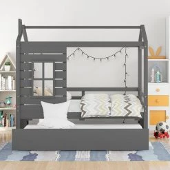 Wood Gray Twin Size House Bed with Trundle by Z-joyee -Cheap Z-joyee Store gray z joyee platform beds f fb857217047 44 1000
