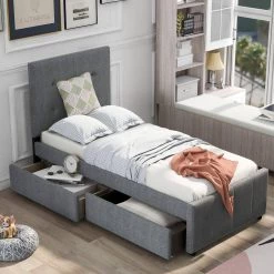 Linen Upholstered Gray Twin Size Platform Bed with 2-Drawers by Z-joyee -Cheap Z-joyee Store gray z joyee platform beds f fb857217115 31 1000