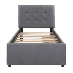 Linen Upholstered Gray Twin Size Platform Bed with 2-Drawers by Z-joyee