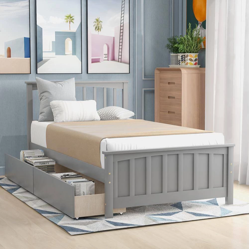 Wood Gray Twin Platform Bed with 2-Drawers by Z-joyee 9 Wood Gray Twin Platform Bed with 2-Drawers by Z-joyee - Image 9