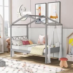 Wood Gray Twin House Bed with Storage Space by Z-joyee -Cheap Z-joyee Store gray z joyee platform beds f fb857217429 1f 1000