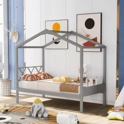 Wood Gray Twin House Bed with Storage Space by Z-joyee -Cheap Z-joyee Store gray z joyee platform beds f fb857217429 31 1000