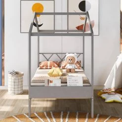 Wood Gray Twin House Bed with Storage Space by Z-joyee -Cheap Z-joyee Store gray z joyee platform beds f fb857217429 4f 1000