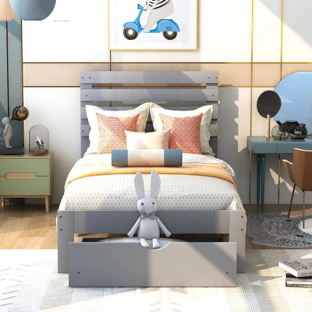 Wood Gray Twin Size Platform Bed with Drawer by Z-joyee 6 Wood Gray Twin Size Platform Bed with Drawer by Z-joyee - Image 6