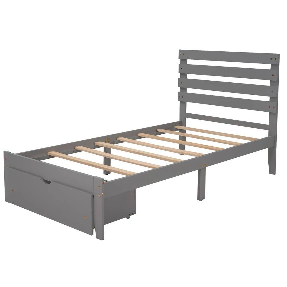 Wood Gray Twin Size Platform Bed with Drawer by Z-joyee 8 Wood Gray Twin Size Platform Bed with Drawer by Z-joyee - Image 8