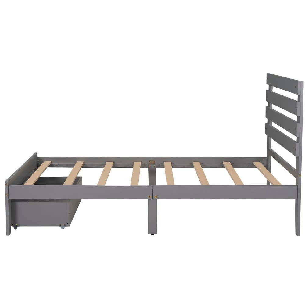 Wood Gray Twin Size Platform Bed with Drawer by Z-joyee 2 Wood Gray Twin Size Platform Bed with Drawer by Z-joyee - Image 2