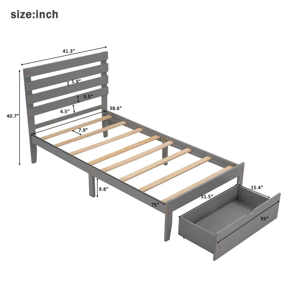 Wood Gray Twin Size Platform Bed with Drawer by Z-joyee 7 Wood Gray Twin Size Platform Bed with Drawer by Z-joyee - Image 7