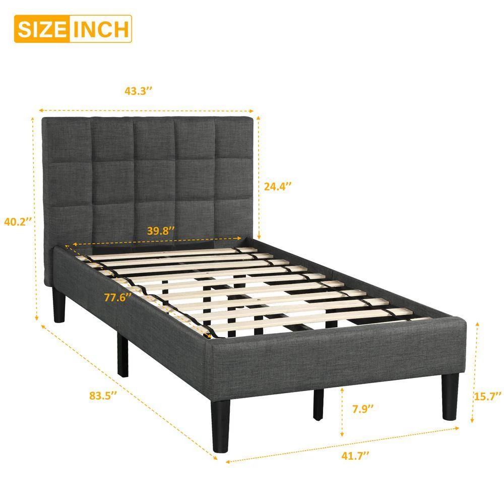 Upholstered Gray Twin Size Platform Bed with Headboard by Z-joyee 4 Upholstered Gray Twin Size Platform Bed with Headboard by Z-joyee - Image 4