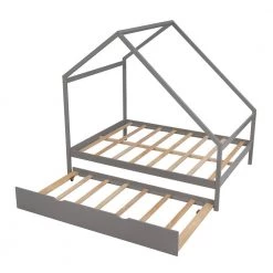 Wood Gray Full Wooden House Bed with Twin Trundle by Z-joyee -Cheap Z-joyee Store gray z joyee platform beds f fb857218792 4f 1000