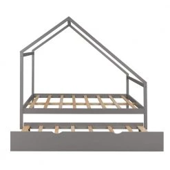 Wood Gray Full Wooden House Bed with Twin Trundle by Z-joyee