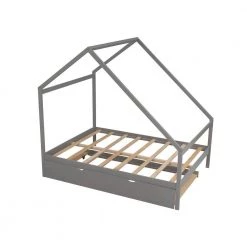 Wood Gray Full Wooden House Bed with Twin Trundle by Z-joyee -Cheap Z-joyee Store gray z joyee platform beds f fb857218792 c3 1000