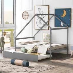 Wood Gray Full Wooden House Bed with Twin Trundle by Z-joyee -Cheap Z-joyee Store gray z joyee platform beds f fb857218792 fa 1000